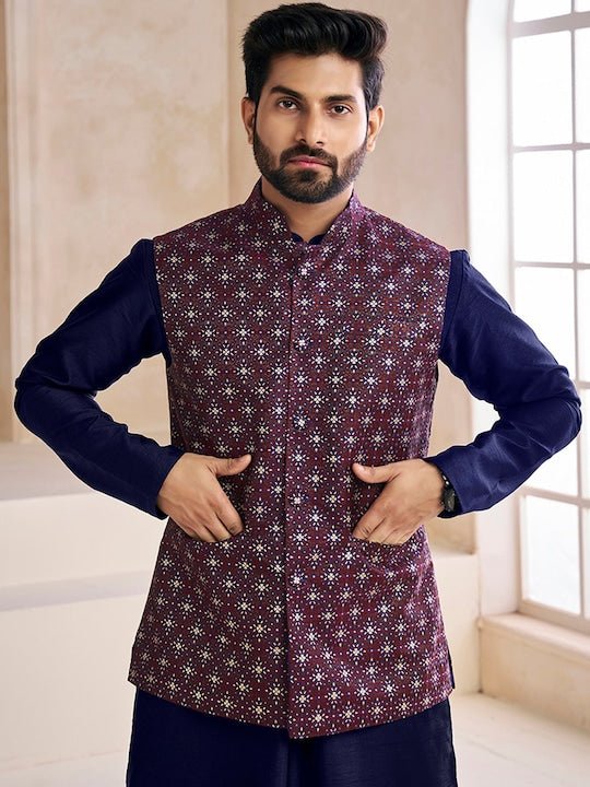 Woven-Design Mandarin Collar Nehru Jacket - Inddus.com