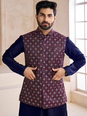 Woven-Design Mandarin Collar Nehru Jacket - Inddus.com