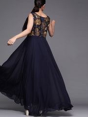 Woven Navy Blue Georgette Partywear Gown Dress - inddus-us