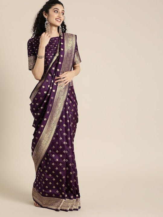 Woven Purple Silk Blend Banarasi Saree - Inddus.com