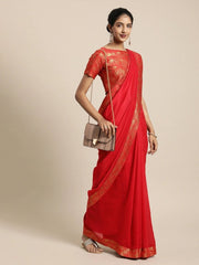 Woven Red Silk Blend Partywear Saree - inddus-us