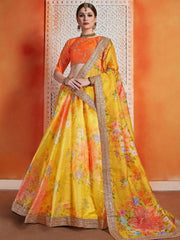 Yellow and Orange Embroidered Lehenga Choli - inddus-us