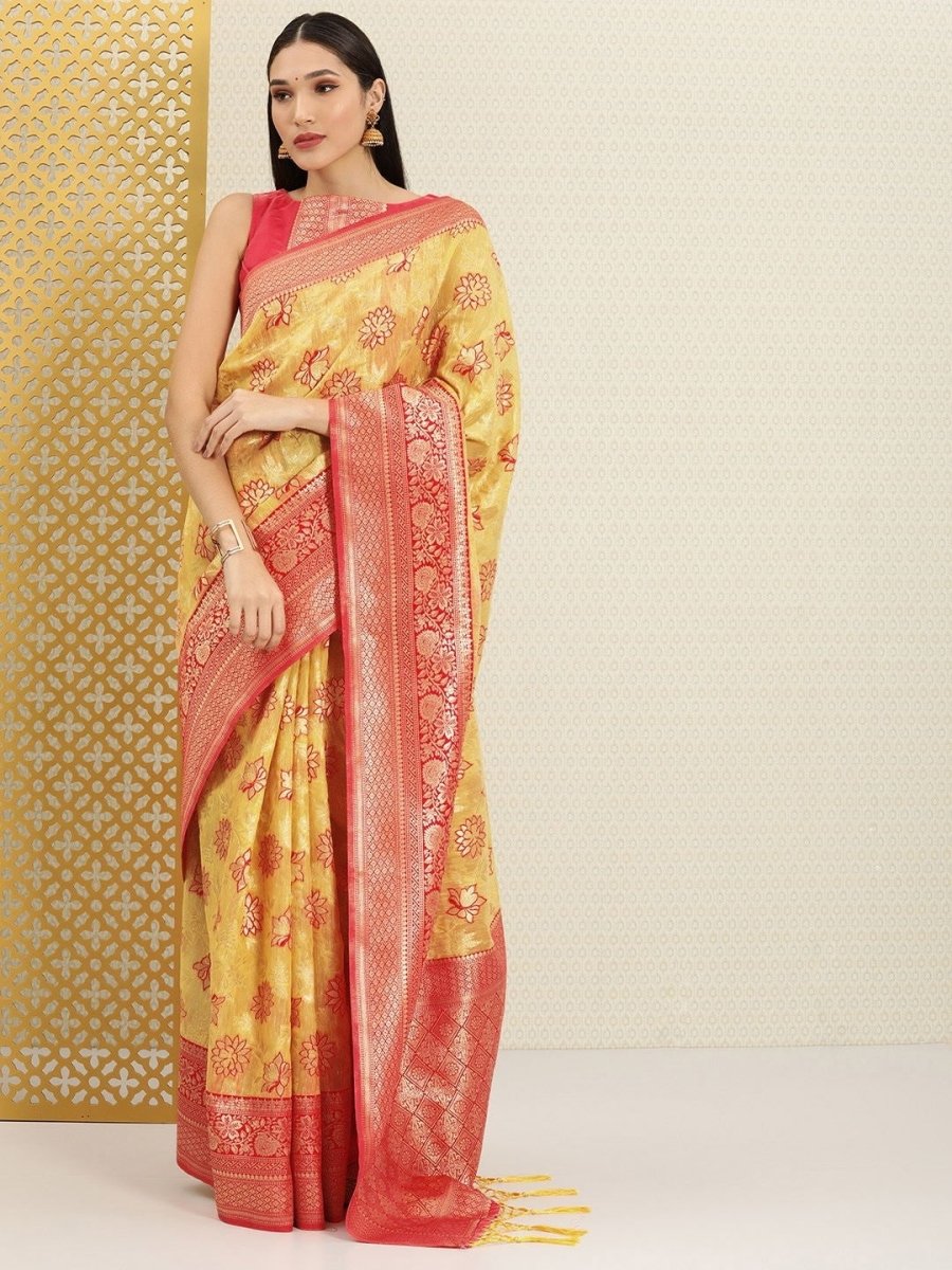 Yellow and Red Floral Zari Woven Saree - Inddus.com