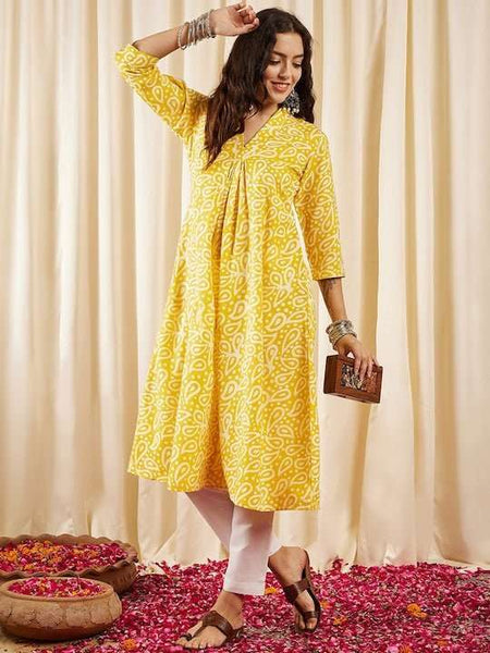 emerald green dress a line Yellow Batik Printed V-Neck A-Line Kurta