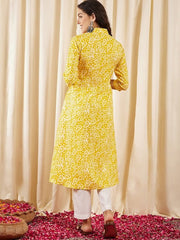 Yellow Batik Printed V-Neck A-Line Kurta - Inddus.com