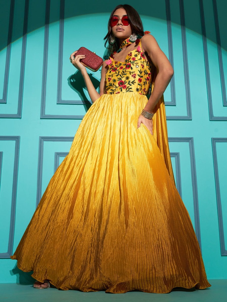 Yellow Chinon Partywear Gown - Inddus.com