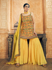 Yellow Chinon Silk Wedding Sharara Suit - Inddus.com