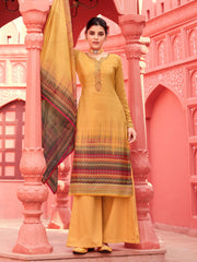 Yellow Crepe Digital Printed Partywear Palazzo Suit - Inddus.com