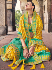 Yellow Dola Silk Embroiderd Saree - Inddus.com