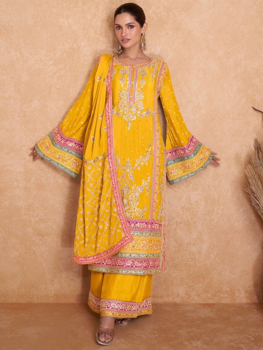 Yellow Embroidered Partywear Palazzo-Suit - Inddus.com