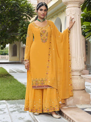 Yellow Embroidered Partywear Sharara-Style-Suit - Inddus.com