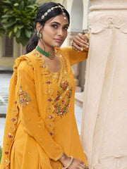 Yellow Embroidered Partywear Sharara-Style-Suit - Inddus.com