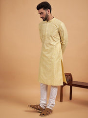 Yellow Ethnic Motif Embroidered Chikankari Straight Kurta - Inddus.com