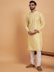 Yellow Ethnic Motif Embroidered Chikankari Straight Kurta - Inddus.com