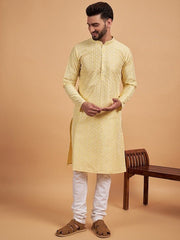 Yellow Ethnic Motif Embroidered Chikankari Straight Kurta - Inddus.com