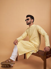 Yellow Ethnic Motif Embroidered Chikankari Straight Kurta - Inddus.com