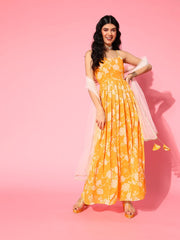 Yellow Floral Printed Georgette Kurta with Net Dupatta - Inddus.com