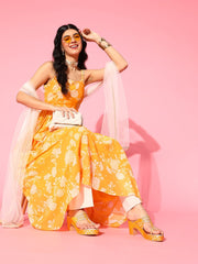 Yellow Floral Printed Georgette Kurta with Net Dupatta - Inddus.com