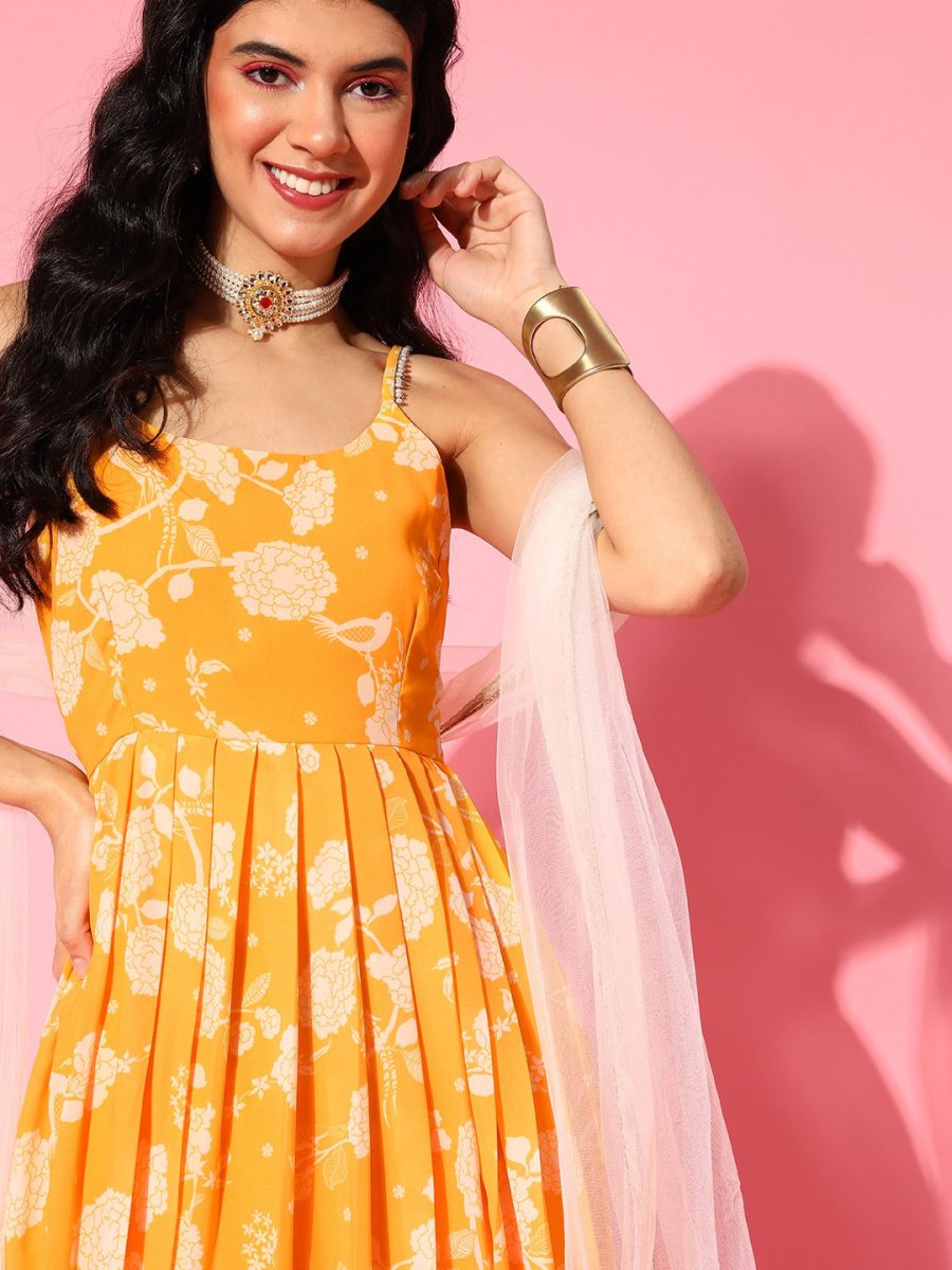 Yellow Floral Printed Georgette Kurta with Net Dupatta - Inddus.com