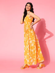 Yellow Floral Printed Georgette Kurta with Net Dupatta - Inddus.com