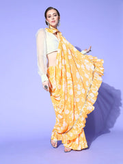 Yellow Floral Printed Georgette Saree with Blouse Piece - Inddus.com
