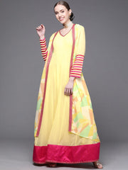 Yellow Georgette Embroidered Gown with Jacket - Inddus.com