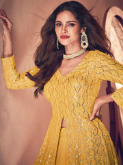 Yellow Georgette Partywear High-Slit-Style-Suit with Lehenga - Inddus.com