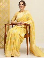 Yellow & Gold-Toned Floral Jaal Woven Zari Saree - Inddus.com