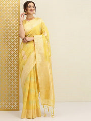 Yellow & Gold-Toned Floral Jaal Woven Zari Saree - Inddus.com