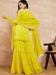 Yellow & Gold Toned Yoke Design Embroidered Straight Kurta With Sharara & Dupatta - Inddus.com