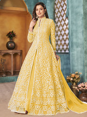 Yellow Net Festive Wear Anarkali Suit - Inddus.com