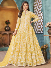 Yellow Net Festive Wear Anarkali Suit - Inddus.com