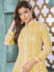 Yellow Net Festive Wear Anarkali Suit - Inddus.com
