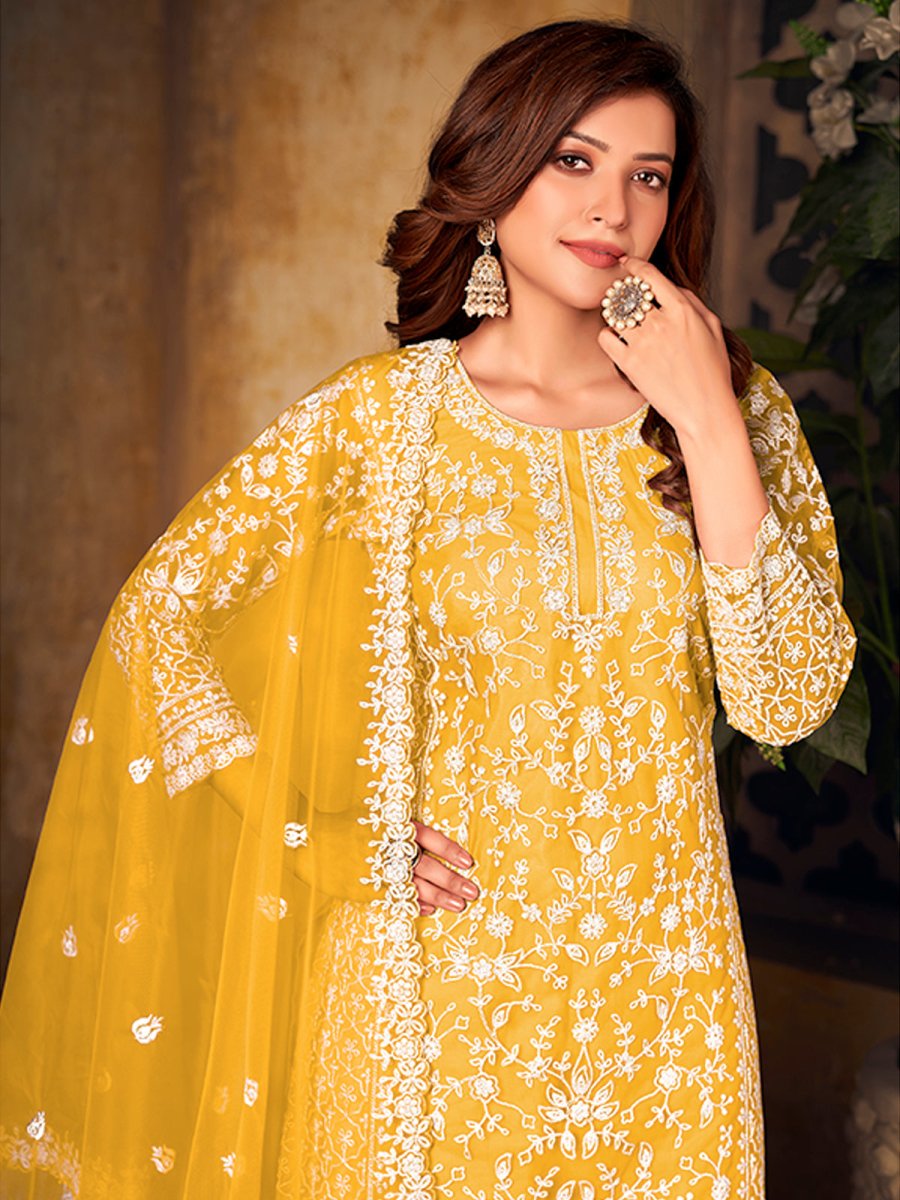 Yellow Net Partywear Palazzo Suit - Inddus.com