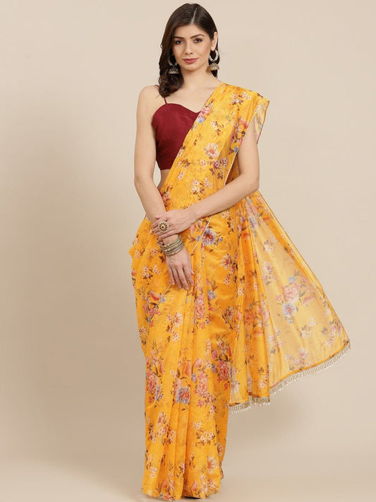 Yellow & Off White Floral Print Organza Saree - Inddus.com