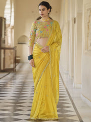 Yellow Organza Embroidered Saree - inddus-us