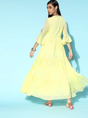 Yellow Polyester Partywear Solid Dresses - Inddus.com