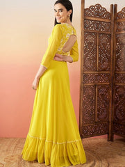 Yellow Sequence Embroidered Flared Maxi Ethnic Dresses - Inddus.com