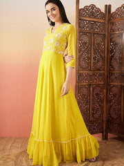 Yellow Sequence Embroidered Flared Maxi Ethnic Dresses - Inddus.com