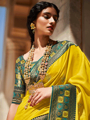 Yellow Silk Embellished Saree - Inddus.com