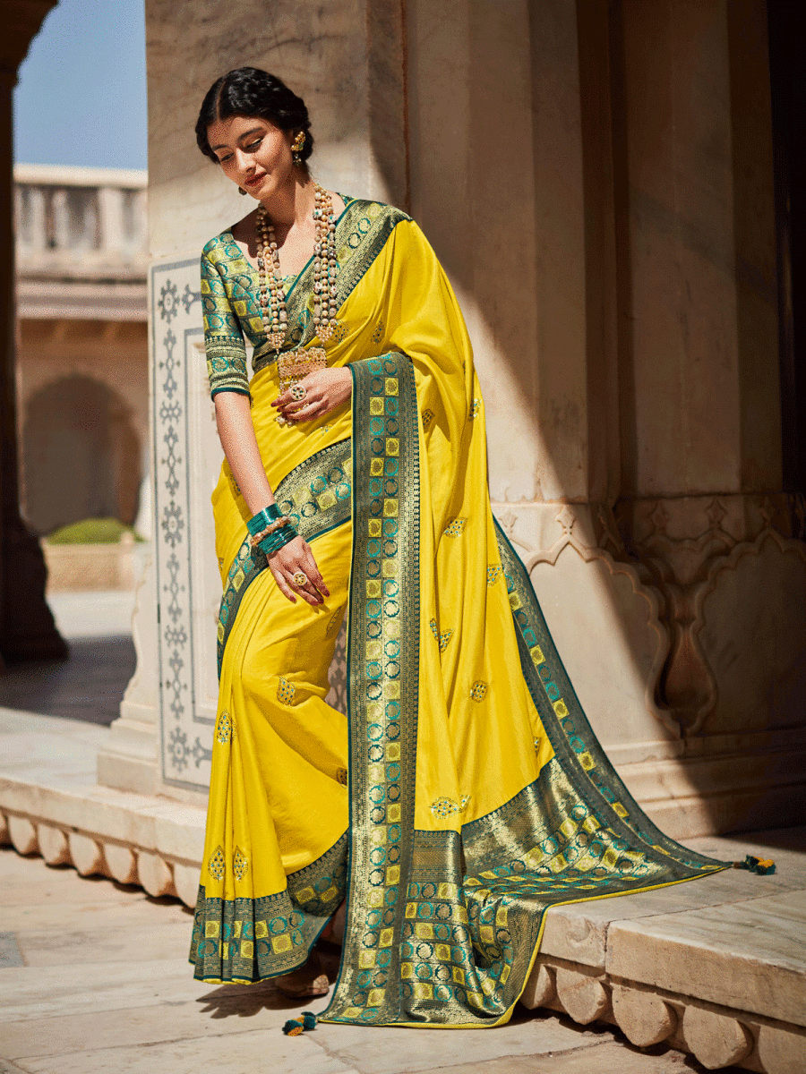 Yellow Silk Embellished Saree - Inddus.com