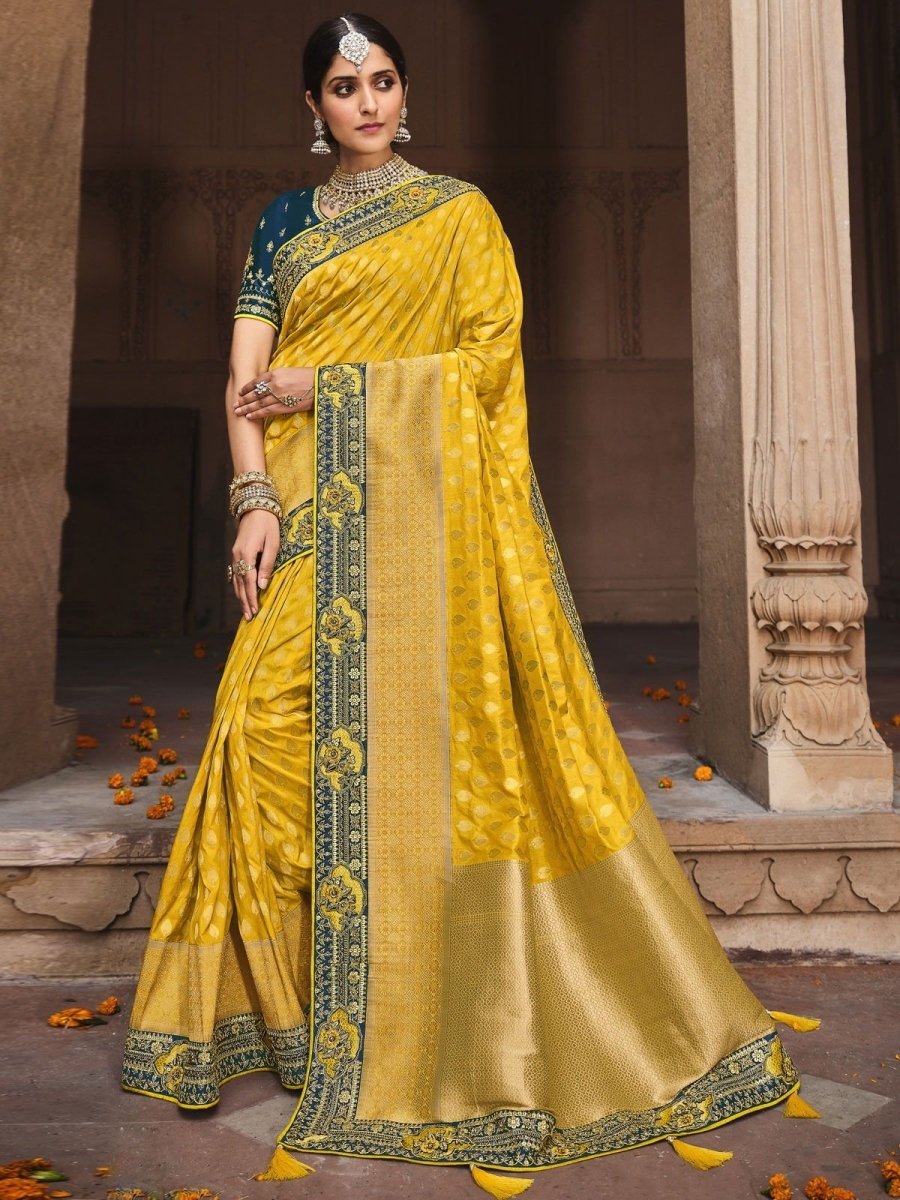Yellow Silk Woven Saree - inddus-us