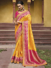 Yellow Viscose Silk Traditional Saree - Inddus.com