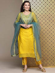Yellow Women Floral Yoke Design Regular Thread Work Chanderi Cotton Kurta Set - Inddus.com