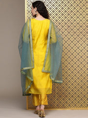 Yellow Women Floral Yoke Design Regular Thread Work Chanderi Cotton Kurta Set - Inddus.com