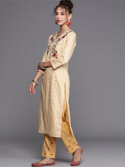Yellow Yoke Embroidered Kurta with Embroidered Pants - inddus-us