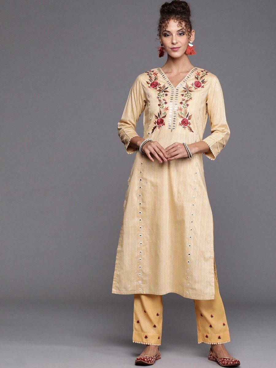 Yellow Yoke Embroidered Kurta with Embroidered Pants - inddus-us