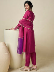 Yoke Design Regular Thread Work Chanderi Cotton Kurta with Trousers & With Dupatta - Inddus.com