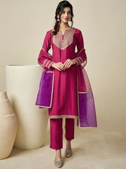 Yoke Design Regular Thread Work Chanderi Cotton Kurta with Trousers & With Dupatta - Inddus.com