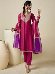 Yoke Design Regular Thread Work Chanderi Cotton Kurta with Trousers & With Dupatta - Inddus.com